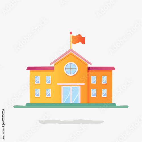 Whimsical Vector Illustration of a Sunny School Building with Flag