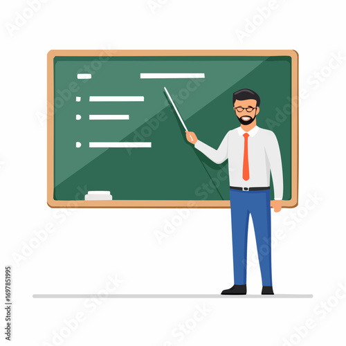 Male teacher presenting on a chalkboard with a pointer stick, representing educational guidance and professional instruction in a modern flat vector style