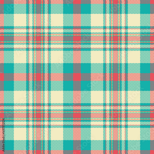 Pixelated plaid pattern in cream, teal, and red. Vintage feel. Versatile for backgrounds, textiles, and design projects. Represents tradition, comfort, and style.