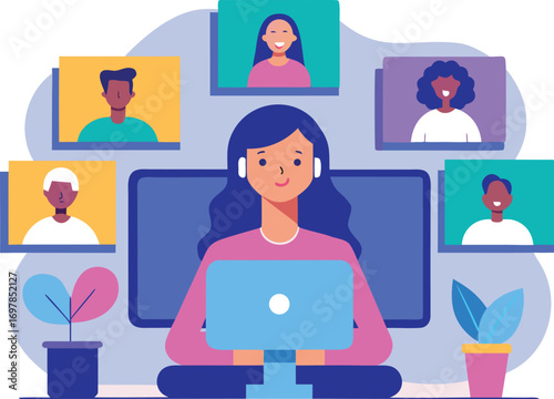 Woman working from home in a virtual meeting with diverse colleagues