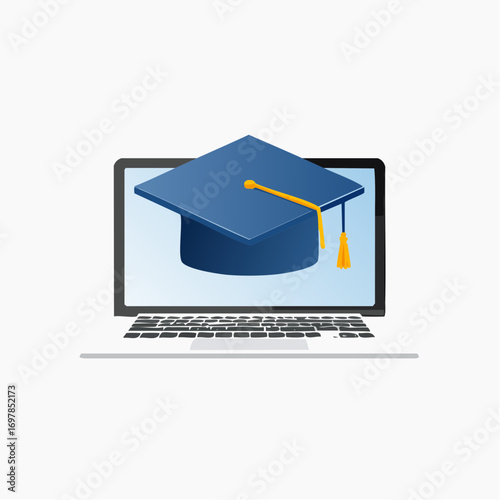 E-learning and distance education concept with a blue graduation cap on a laptop display, symbolizing online courses, virtual university, and a digital degree
