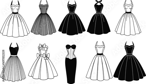 Vintage, dress, silhouette, fashion, retro, black, white, vector, design, elegant, clothing, style, women, outfit, graphic, classic, garment, illustration, collection, couture