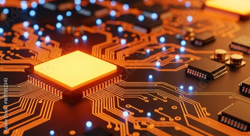 Glows Circuit Board with Glowing Central Chip, Digital Transformation
