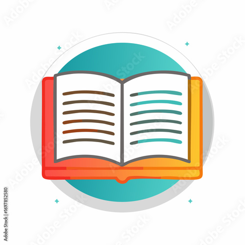 Vibrant vector icon of an open book, a flat minimalist symbol representing knowledge, study, and literature on a clean, isolated background