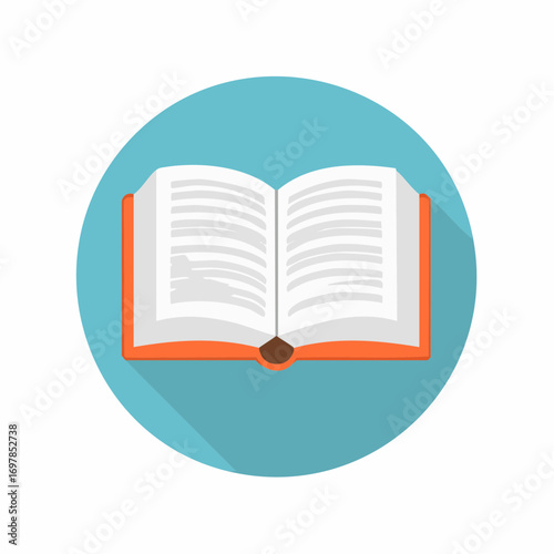Vector illustration of an open book icon inside a blue circle. Flat design graphic representing knowledge, reading, study, and literature