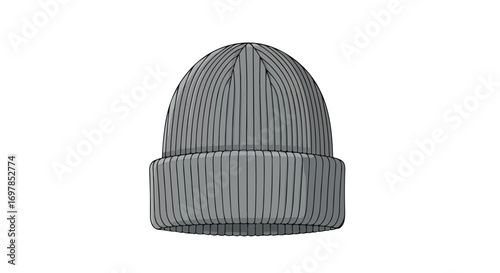 Simple graphic illustration of a monochrome knit beanie cap for warmth during chilly weather or urban fashion, on clean white background