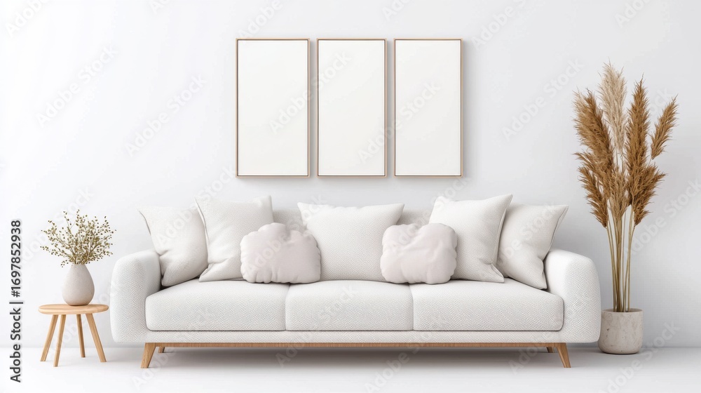 Fototapeta premium Triptych canvas mockup above a cozy sofa with textured cushions in a modern living room setting