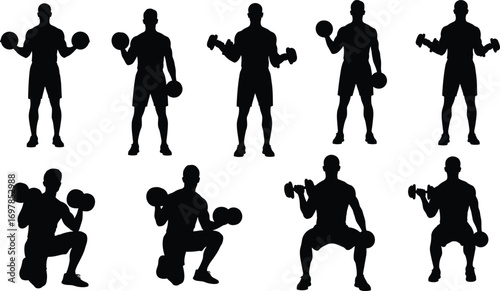 Silhouettes of Men Performing Dumbbell Squats and Weight Training Exercises for Gym Fitness, Bodybuilding, Strength, and Health Vector Design