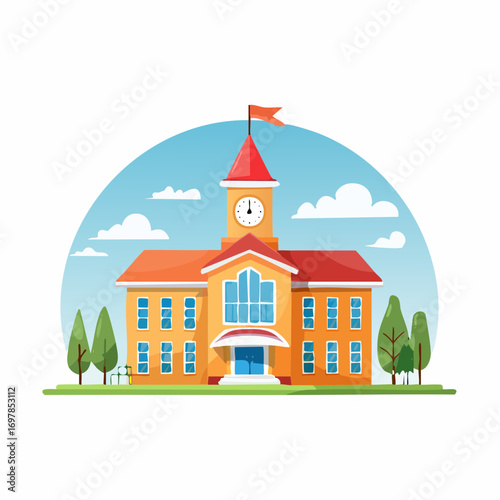 Classic university building with a clock tower and flag. A flat vector illustration representing an educational institution, academy, or college campus