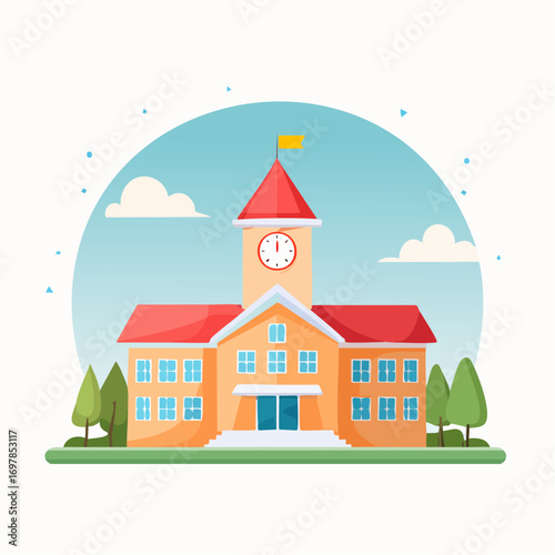 Colorful school building illustration, a classic vector icon symbolizing public education, academic growth, and innovative learning