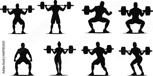Silhouettes of Men and Women Lifting Barbells – Barbell Squat Exercise, Gym Fitness Training, Strength Workout Vector Illustration