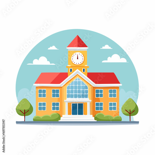Vector flat design icon of a classic school building with a clock tower. Minimal illustration representing education, college, or academy, isolated