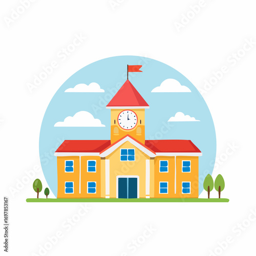 Vector icon of a classic school building with a clock tower, a colorful symbol of education, knowledge, and childhood learning