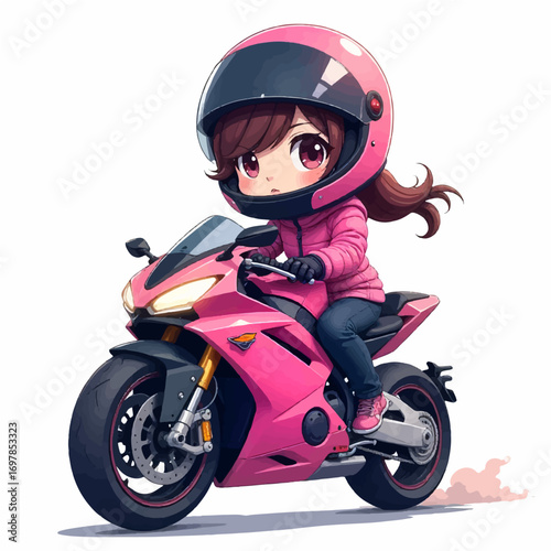 Cute anime girl in pink jacket and helmet rides a sporty pink motorcycle with speed lines creating a dynamic motion effect