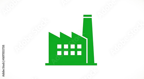 A simple green factory icon with a chimney and multiple windows on a plain white background design ai generated