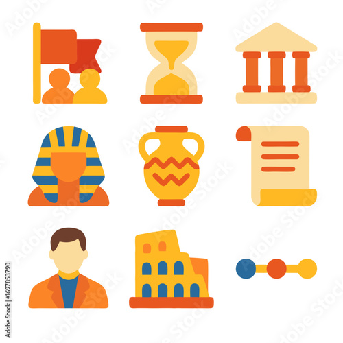 History symbols such as hieroglyphics, ancient artifacts, and medieval architecture are suitable for educational presentations, history websites, and textbooks.