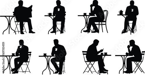 Silhouettes of men sitting at café tables, drinking coffee or tea, relaxing, casual socializing, leisure time, and coffee break concepts.
