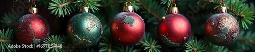 Festive, yet slightly spooky, Christmas ornaments with mold growing on them  A unique and unsettling holiday image, perfect for Halloween-Christmas mashups or gothic themes ,  holiday,  growth
