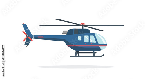 Stylized illustration of a dark blue helicopter with a transparent front, showcasing simplistic design elements and smooth shapes