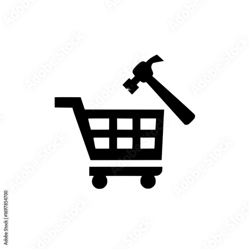 Shopping cart vector with hammer symbol for online shopping retail interface and ecommerce design
