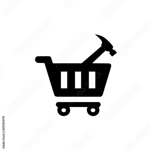 Vector illustration of shopping cart featuring hammer icon for digital commerce and web applications