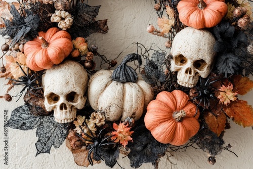 A decorative Halloween wreath, featuring pumpkins, skulls, and autumnal foliage, displays a spooky yet beautiful fall decor.