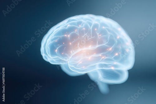 Translucent brain with glowing neural connections against soft b