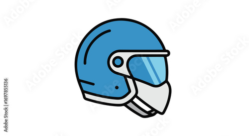 Stylized rendering of a full-face blue motorcycle helmet, providing safety for riding adventures with a graphic illustration isolated on a white