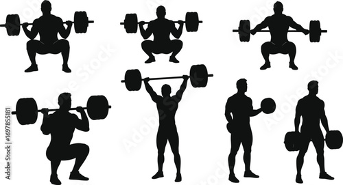Silhouettes of Muscular Men Weightlifting with Barbells and Dumbbells, Strength Training and Fitness Workout Vector Illustration