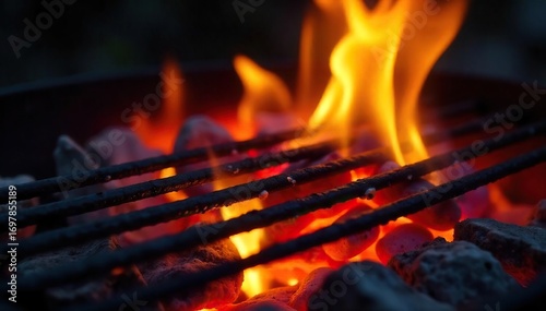 Close-up shot of vibrant flames licking the grill grates, intense heat radiating from the burning charcoal Perfect for culinary, barbecue, cooking, and food-related projects , food, charred, embers