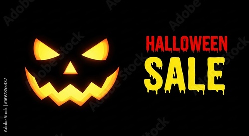 Spooky Halloween Sale with Glowing Pumpkin Face and Dripping Text