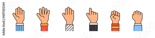 Hands up. Human hand raised in the air. Vote icon.