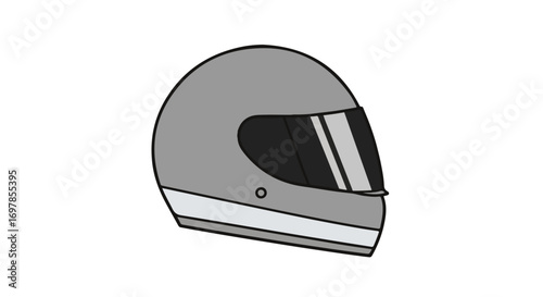 Illustrative portrayal of a gray racing helmet with visor reflecting light indicating high performance safety design for motorsport racing gear