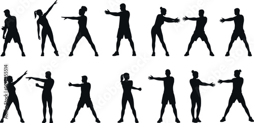 Silhouettes of People Doing Stretching and Warm-Up Exercises – Arm and Side Stretch Fitness Poses Vector Clipart Set