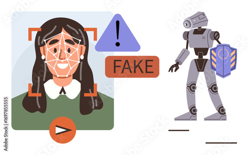 Facial recognition scan with alert fake triangle icon, robotic figure holding shield. Ideal for cybersecurity, AI ethics, data privacy, fraud detection, technology risks, identity verification