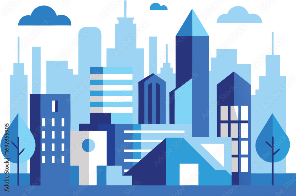 Fototapeta premium Abstract Urban Landscape Illustration with Buildings Trees and Clouds in Blue Tones