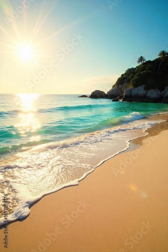 Golden hour sunlight bathes a pristine, sandy beach meeting a calm turquoise ocean; gentle waves lap the shore Perfect for travel, vacation, and summer themes , view, shoreline, horizon
