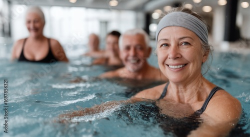 Happy senior friends swimming in indoor pool and enjoying healthy active lifestyle
