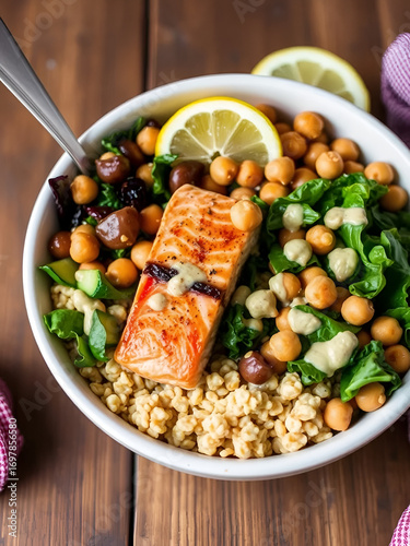 A power bowl filled with buckwheat grilled salmon roasted chickpeas and kale in a lemon tahini dressing.