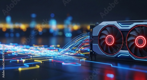 Dynamic GPU Connects to Vibrant Network with Glowing Data Streams