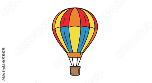 Whimsical hot air balloon illustration with vibrant colors and clean lines, a child's drawing style conveying joy and adventure in the sky