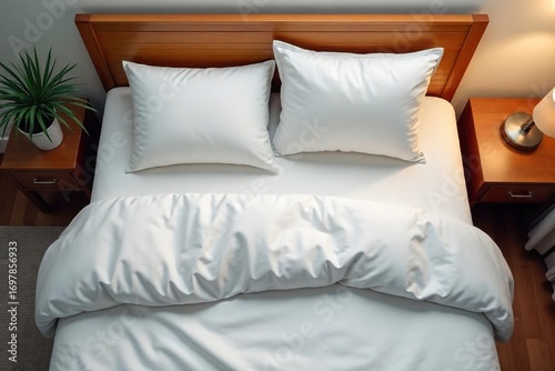 Serene overhead shot of a neatly made bed with a single pillow, inviting and peaceful, perfect for sleep Empty, ready for rest , mattress, relaxation, day