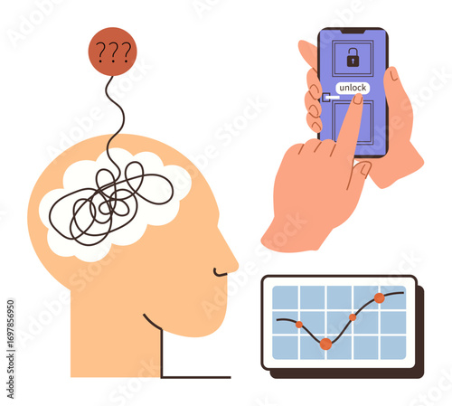 Human head with tangled thoughts, smartphone unlocking, data chart indicating clarity. Ideal for problem-solving, productivity, decision-making, technology, mental clarity, innovation simple flat