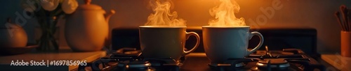 Cozy scene of two mugs warming on a stovetop, steam rising, creating a romantic and intimate atmosphere Perfect for Valentine's Day or a cozy night in , warmth, comfort