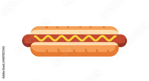 Stylized hotdog graphic with mustard topping showcases a clean illustration isolated on a white background for food concepts