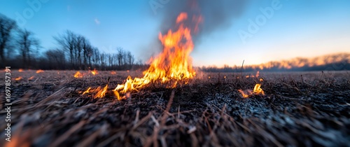 Controlled Burn in a Field at Dusk