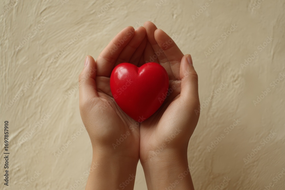 Fototapeta premium A red heart rests gently in cupped hands against a textured beige background.