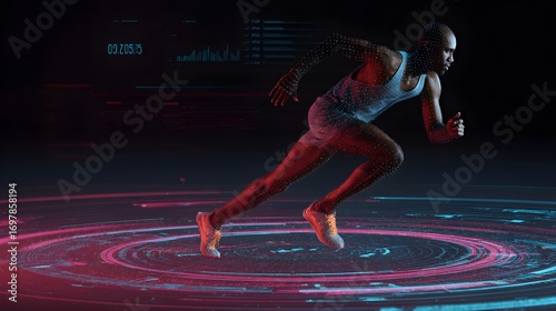 Futuristic runner with data visualization overlay, representing speed, fitness, and technological advancement.