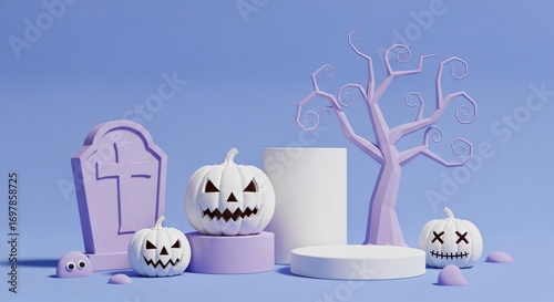 Spooky White Pumpkins and Haunted Tree Create Festive Halloween Scene