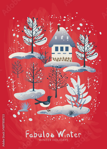 Fabulous winter. Vector illustration of christmas new year city, houses, forest, trees, birds. Drawings for postcard, poster and background 